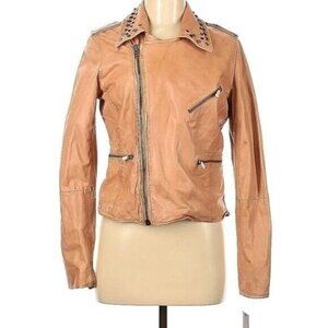 Bagatelle City Tan Leather Biker Jacket w/ Pyramid Studs NEW Sz M
